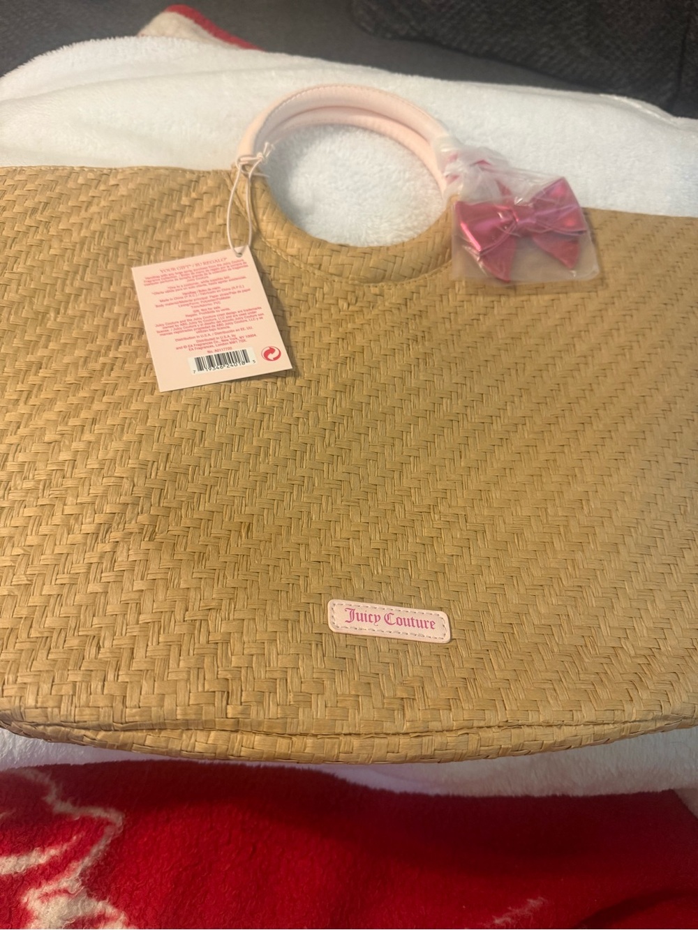 Juicy Couture Straw Tote with Pink Handles and Bow